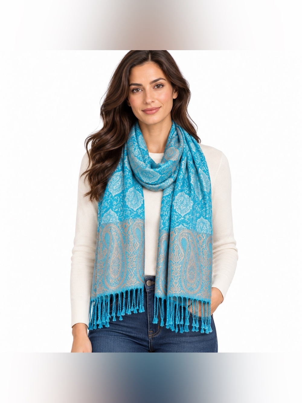 Pashmina 100% Cashmere Blue Paisley Shawl Wrap Fringe 71.5”